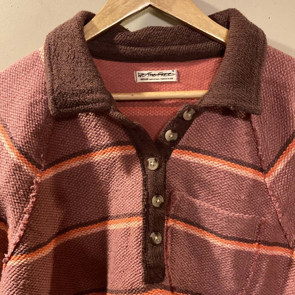 Free People Rose Brown Striped Knit Polo Top - Picture 2 of 11